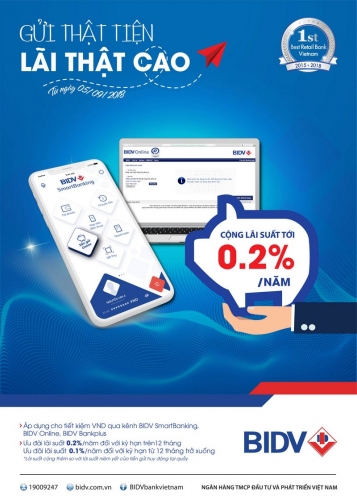 Ưu đãi tới 0,2% lãi suất khi gửi tiết kiệm online tại BIDV