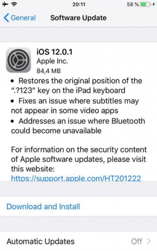 Apple phát hành iOS 12.0.1 sửa lỗi không nhận sạc trên iPhone XS và lỗi ‘.?123’ trên iPad