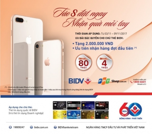 BIDV tặng 2 triệu đồng cho chủ thẻ tín dụng BIDV khi đặt cọc iPhone8/8 Plus tại FPTshop