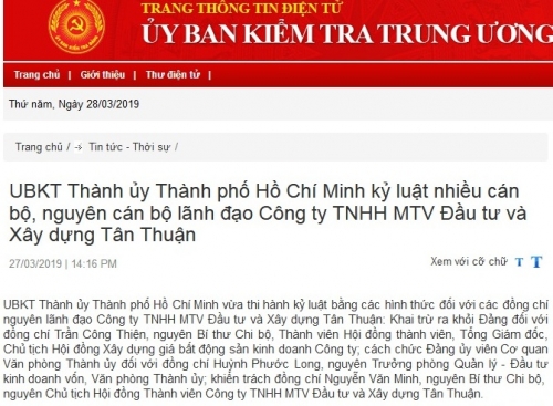 Kỷ luật nhiều cán bộ, nguyên cán bộ lãnh đạo Công ty Đầu tư và Xây dựng Tân Thuận