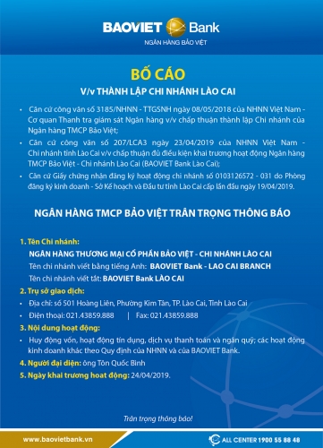 BAOVIET Bank thành lập chi nhánh Lào Cai