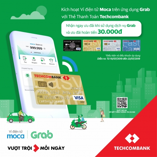 Ví điện tử Moca trên ứng dụng Grab liên kết với Techcombank
