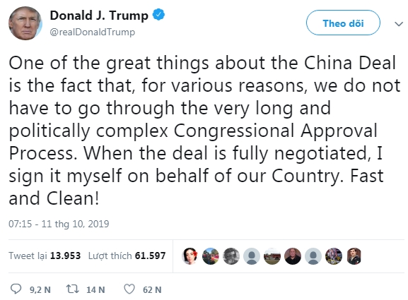 Trump cho biết Mỹ đã đạt được thỏa thuận quan trọng giai đoạn một đàm phán với Trung Quốc