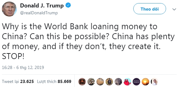 Trump kêu gọi Ngân hàng Thế giới ngừng cho Trung Quốc vay tiền