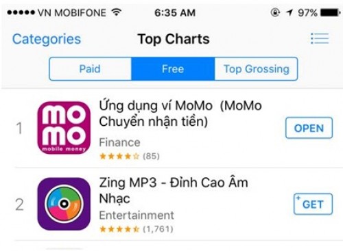 MoMo đứng số 1 ứng dụng miễn phí trên AppStore VN