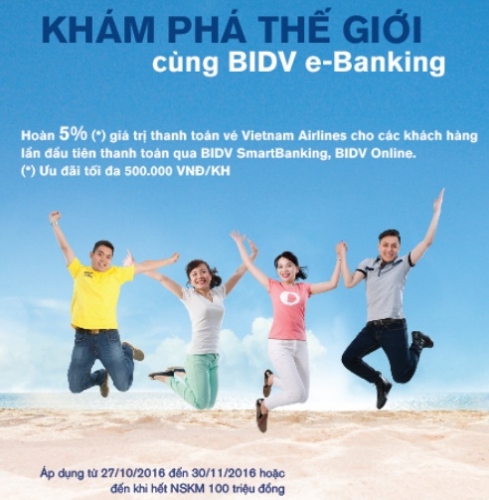 Hoàn tiền ngay khi thanh toán vé máy bay qua e-Banking của BIDV