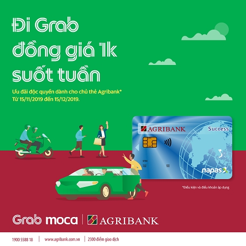 Đi Grab giá 1k suốt tuần cùng thẻ Agribank